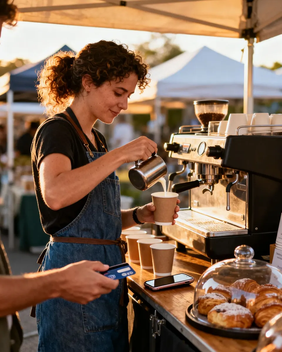 Coffee cart barista pouring a latte while a customer taps a card on her iPhone