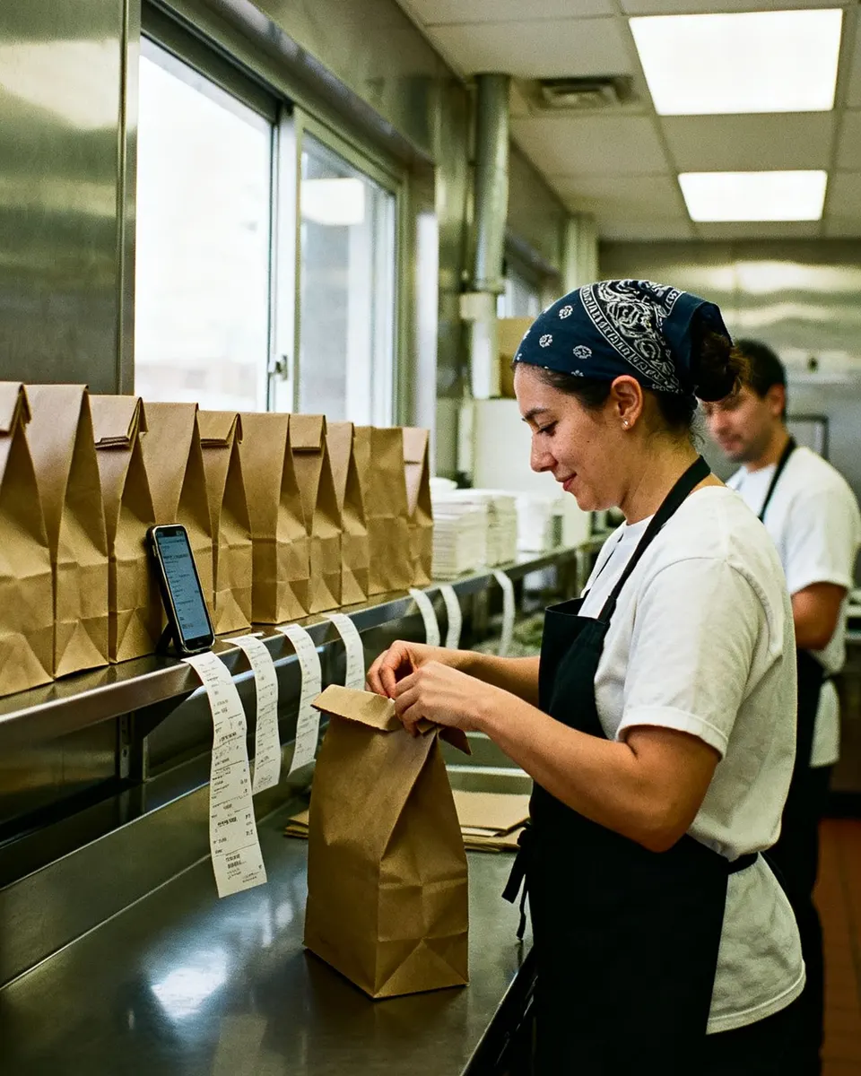 Cook packing takeout bags in a shared kitchen with an iPhone on the pass