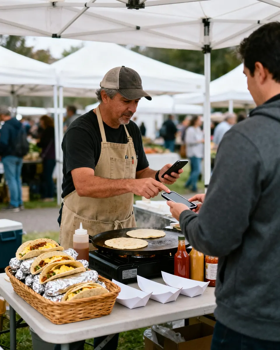Breakfast taco vendor at a farmers market taking a tap payment on his iPhone