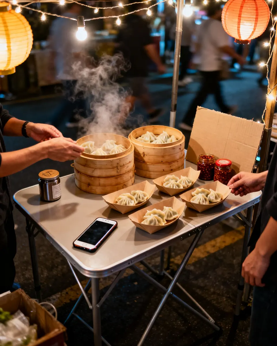 Dumpling pop-up table at a night market with an iPhone ready to take payments