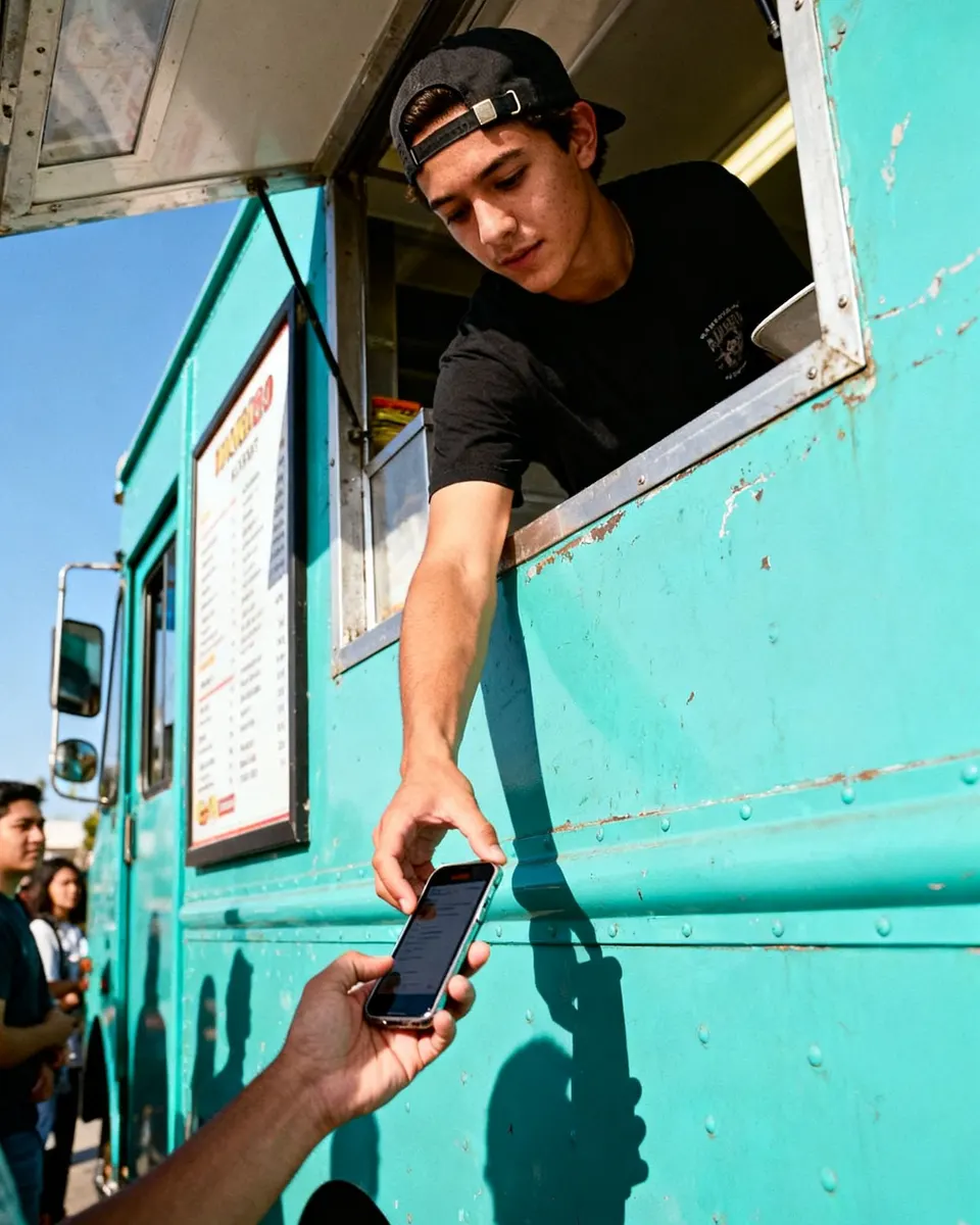 Taco truck cook leaning out the window to take a tap payment on his iPhone