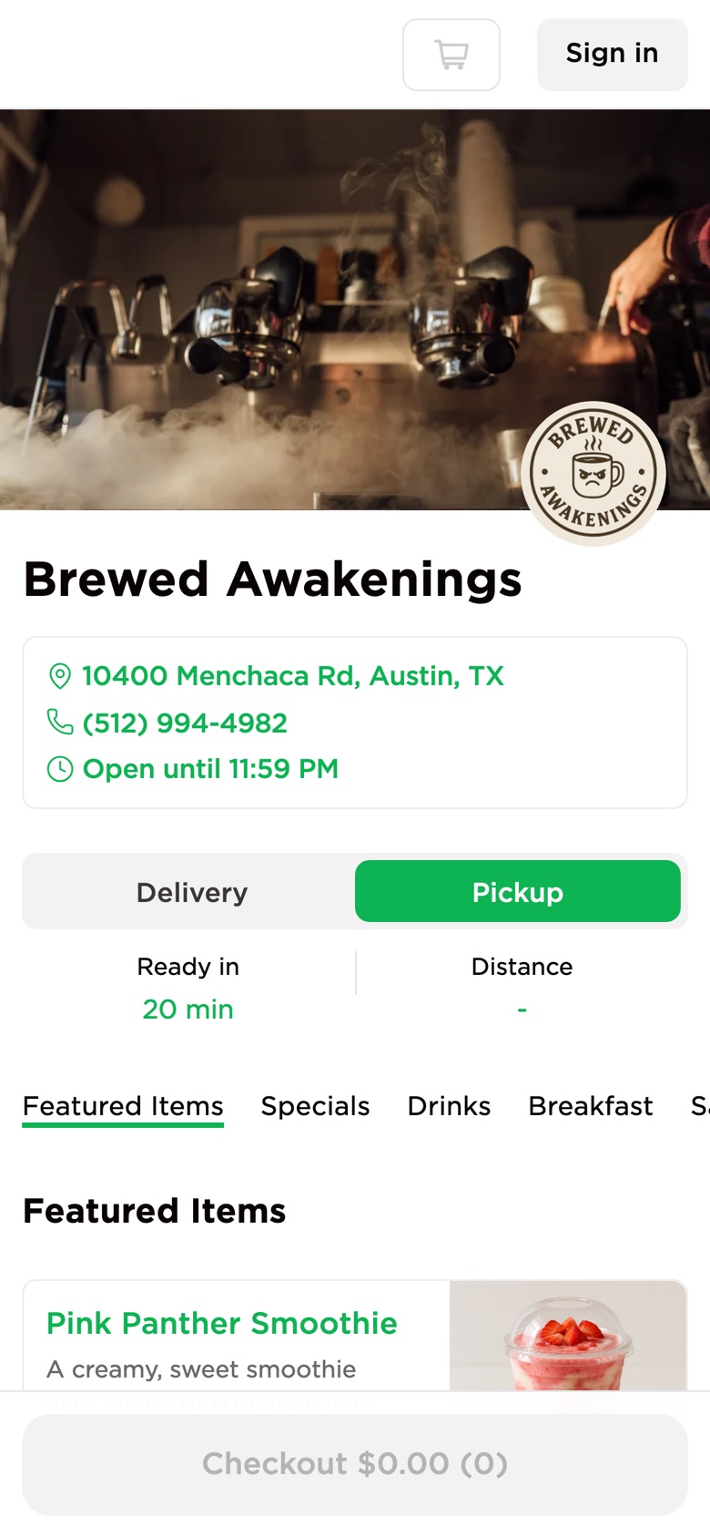 Brewed Awakenings online ordering site on an iPhone