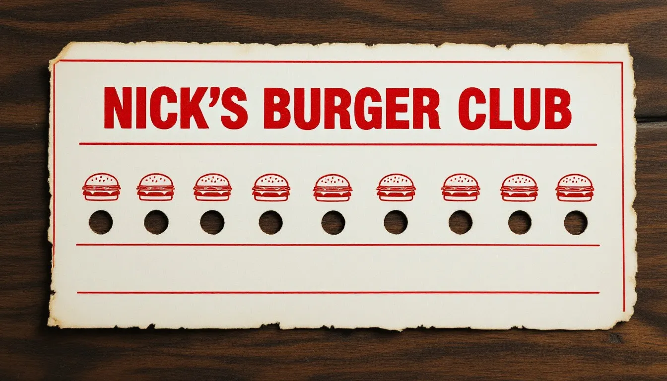 Paper punch card for Nick's Burger Club with ten burger stamps