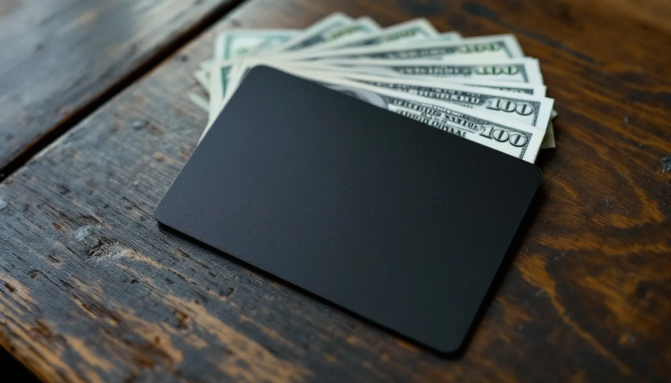 Black payment card resting on a stack of cash on a wooden table