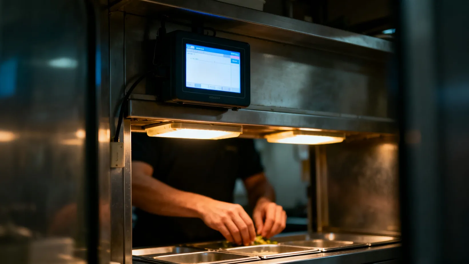 A kitchen display screen above a cook preparing an order