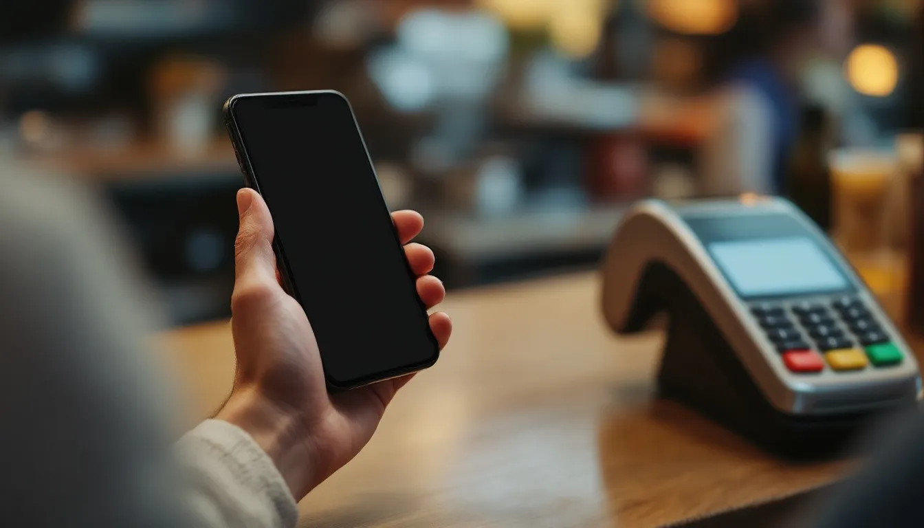 Customer holding a smartphone next to a card reader at a counter