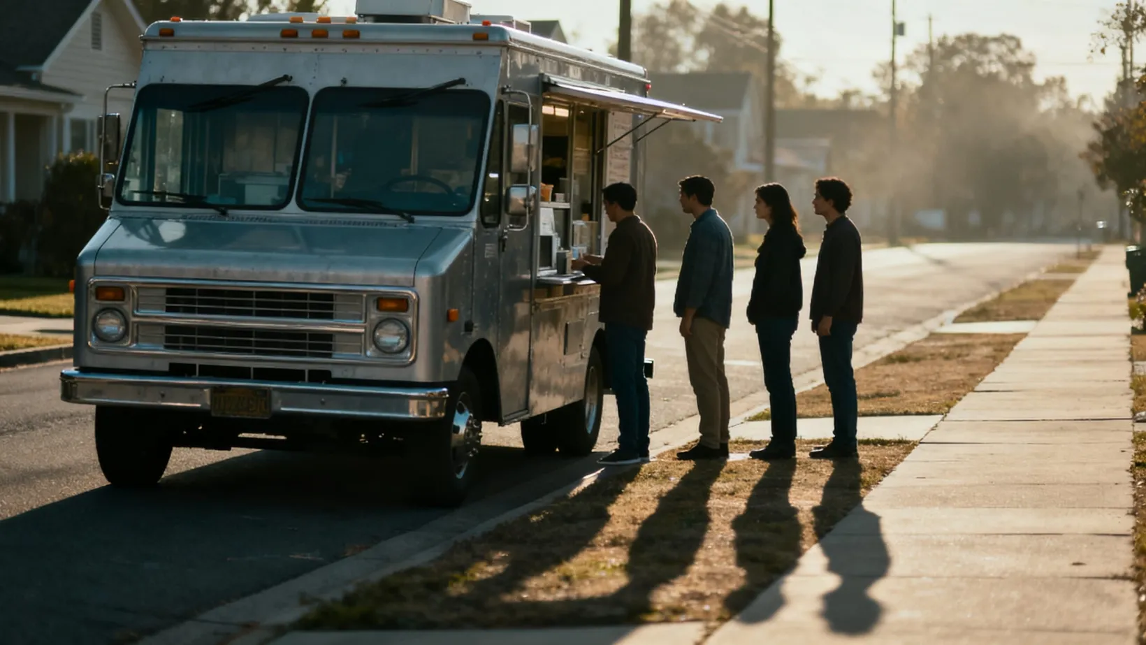 Customers lined up at a food truck service window
