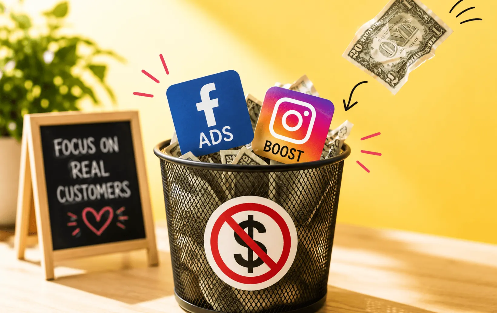 Illustration of Facebook and Instagram ad icons thrown in a wastebasket beside a sign reading Focus on real customers