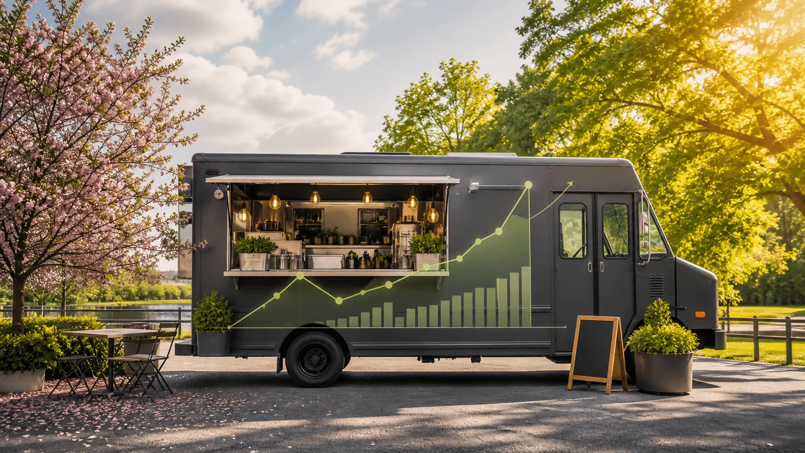 Food truck parked under spring trees with a rising sales chart on its side
