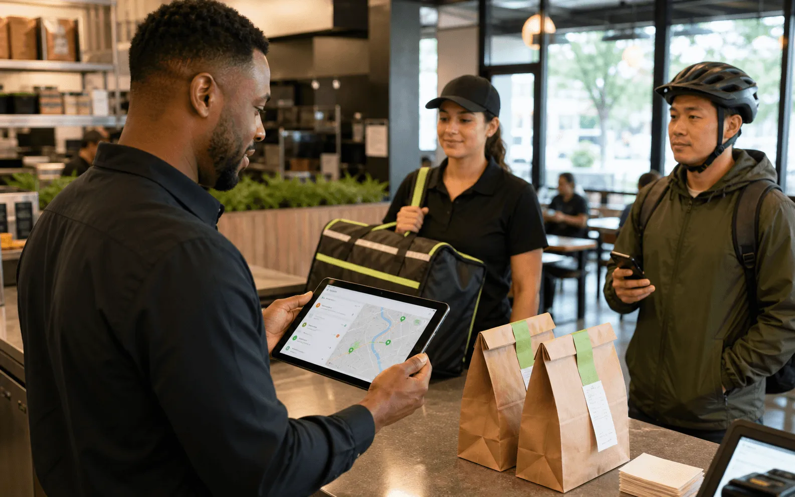 A restaurant manager routing delivery orders between an employee driver and an independent courier