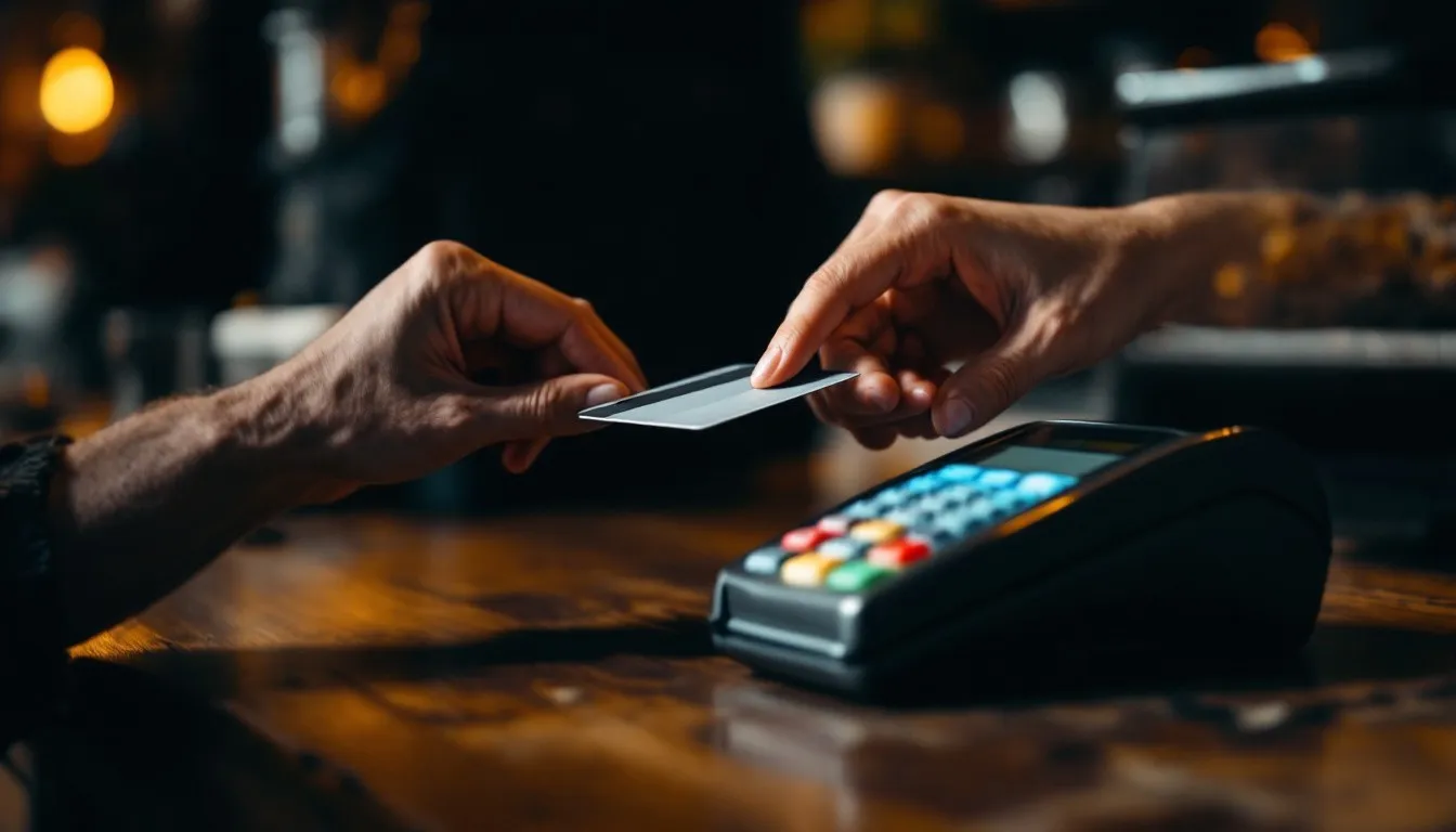 Customer handing a credit card over a card terminal at a restaurant counter