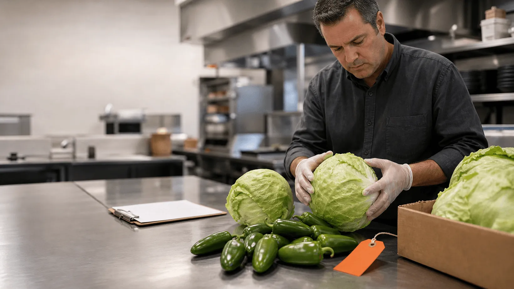 Kitchen worker in gloves inspecting lettuce and jalapeños on a prep table