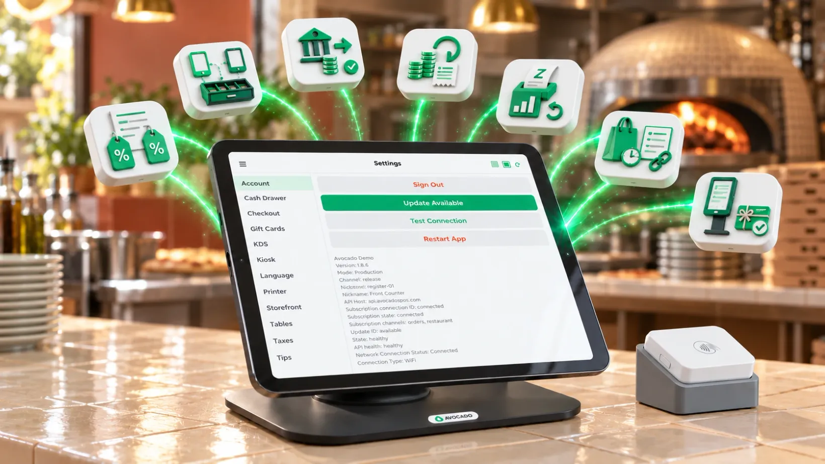 Avocado POS and Stripe M2 reader in a pizzeria, with seven floating icons representing the August release features