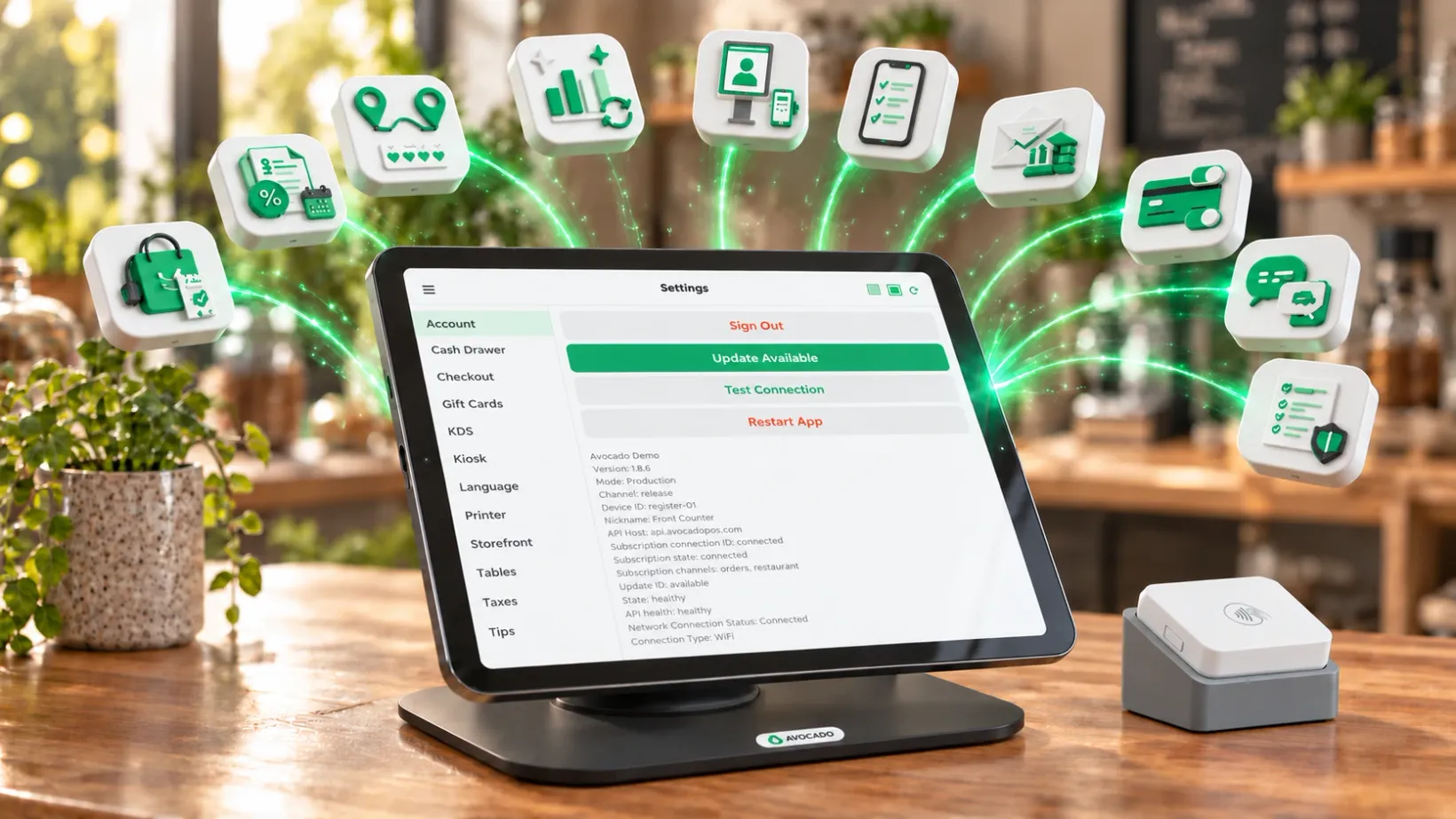 Avocado POS and Stripe M2 reader on a cafe counter, with ten floating icons representing the September release features