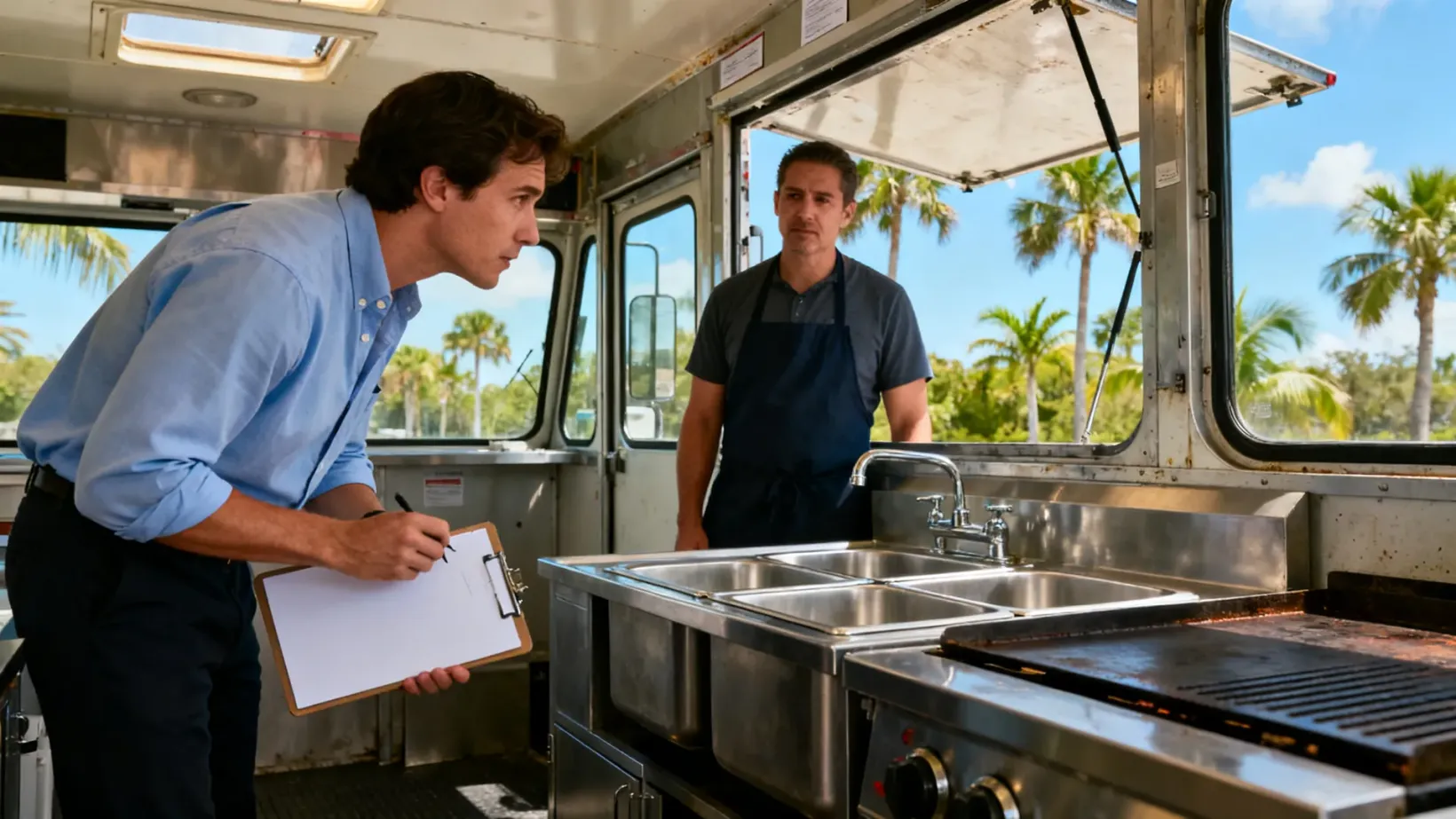 An inspector with a clipboard checks the three-compartment sink and flat-top grill inside a food truck while the owner in an apron looks on, palm trees outside the service window