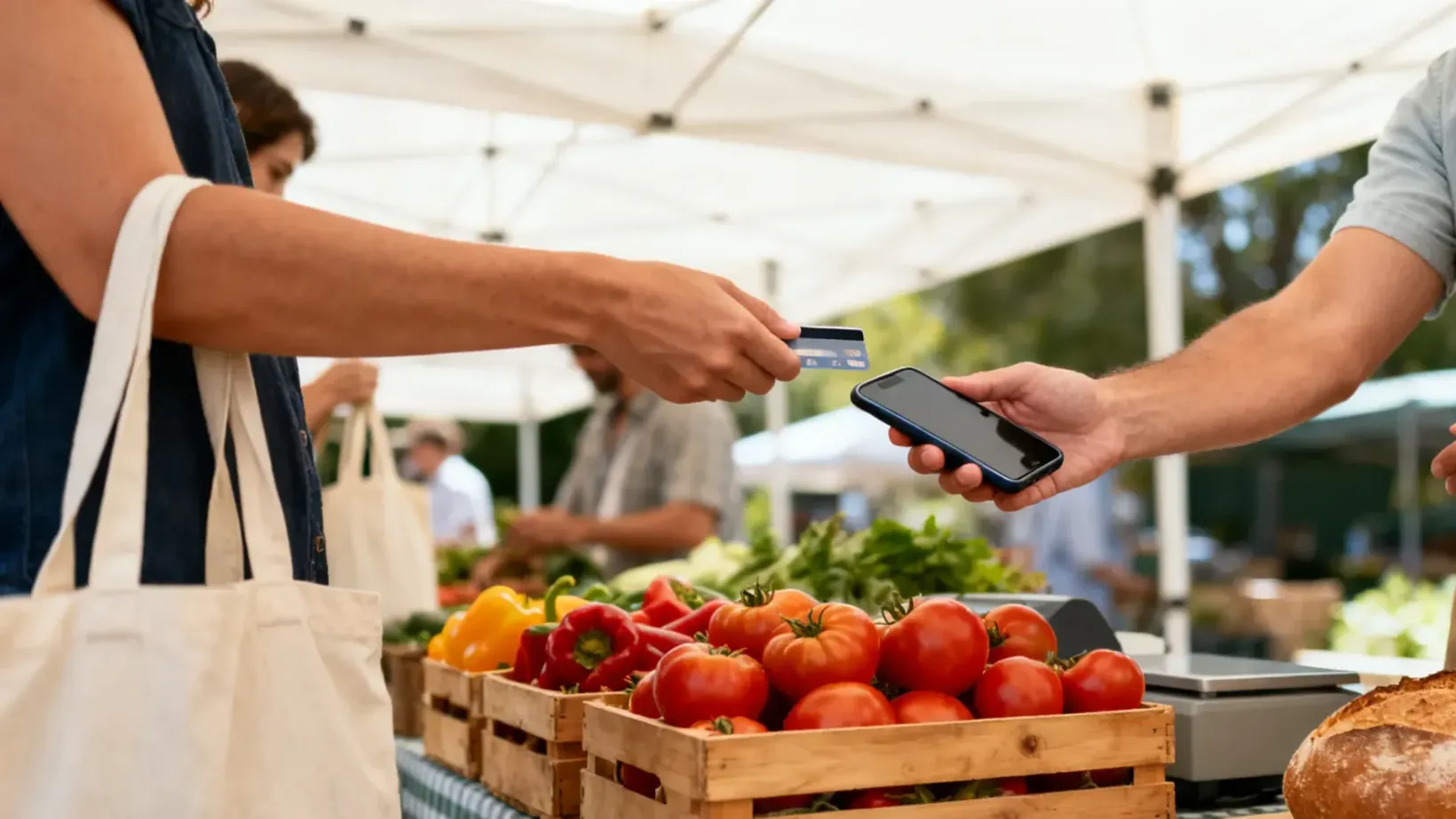 Customer at a farmers market stall tapping a debit card on a vendor's iPhone to pay