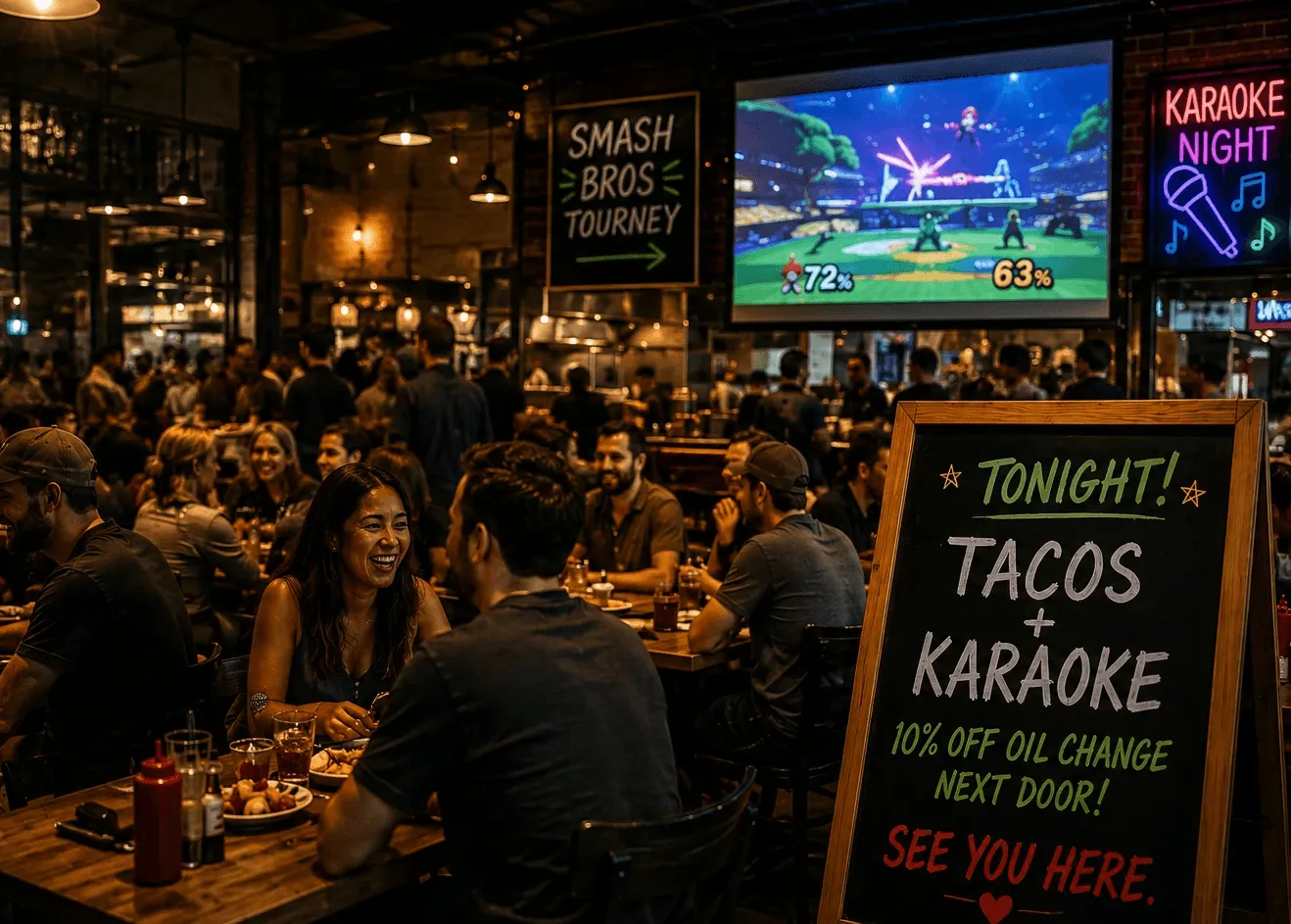 Crowded restaurant hosting a video game tournament, with a chalkboard advertising tacos and karaoke night