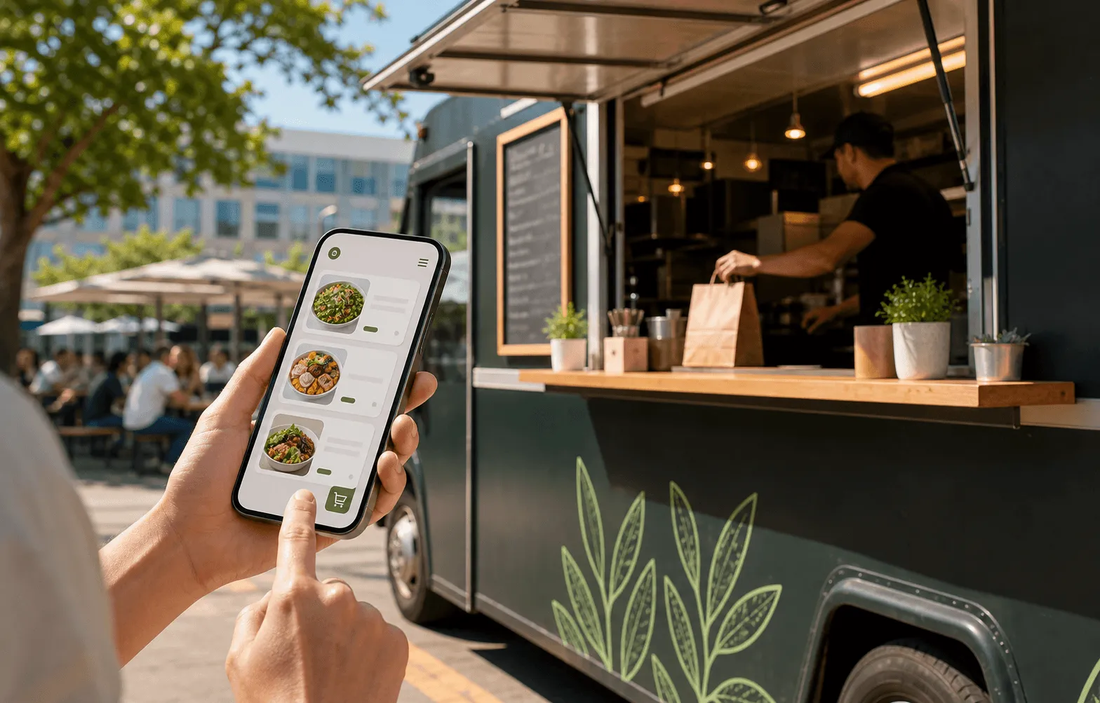 A customer placing an online order on a smartphone beside a food truck pickup window