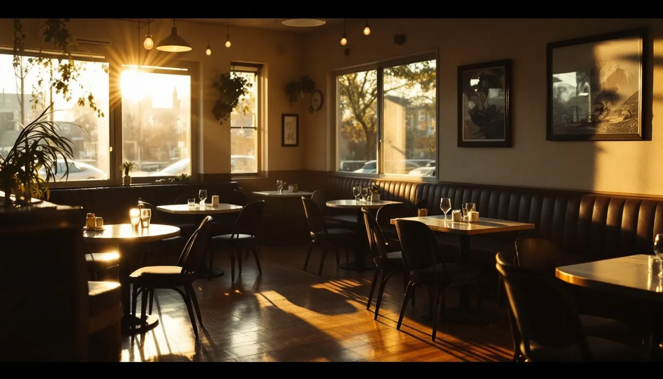 Empty restaurant dining room in afternoon light
