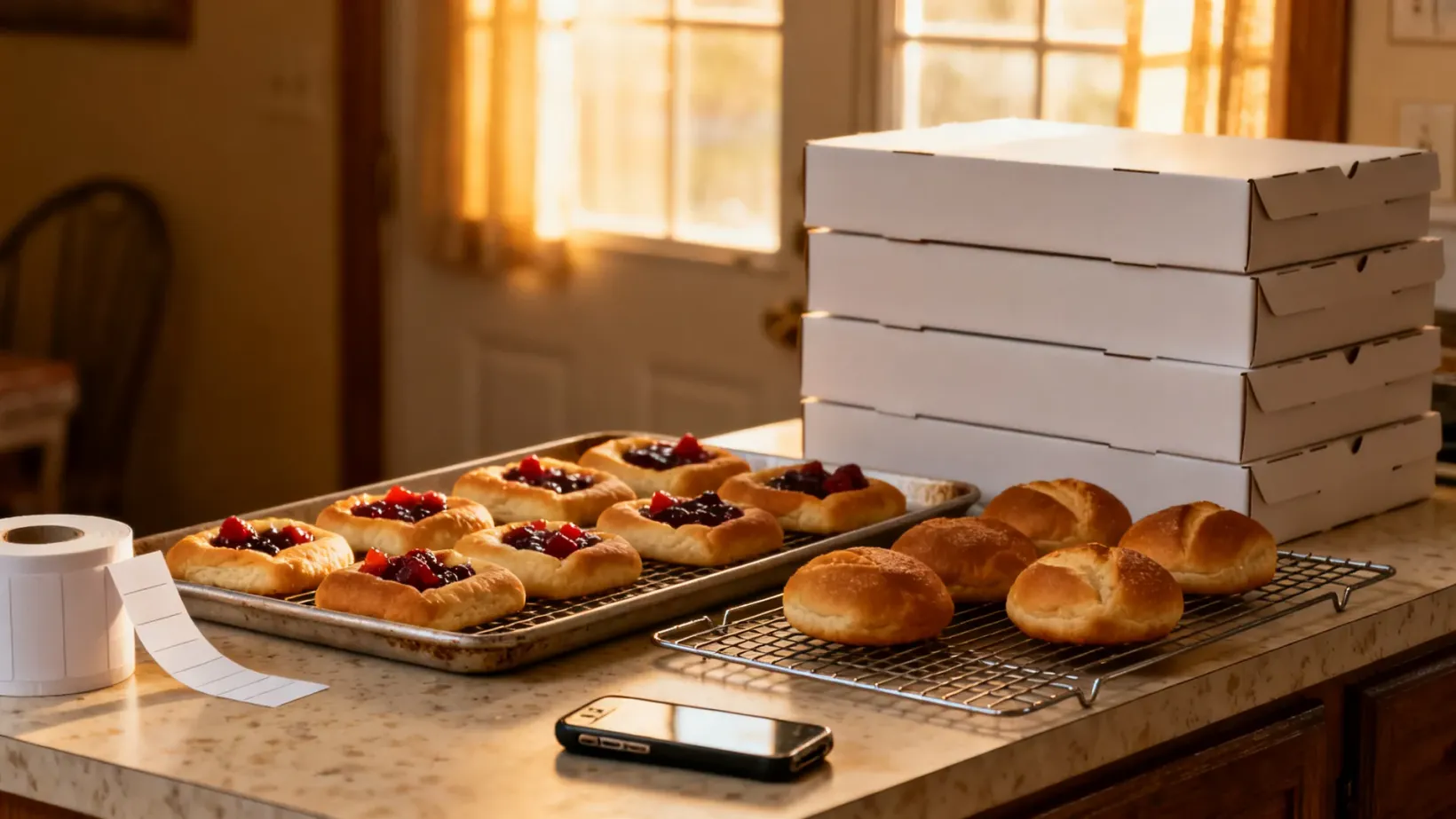 Trays of fruit kolaches and sugar-dusted rolls cooling on wire racks on a home kitchen counter, next to a stack of white bakery boxes, a roll of blank labels and a phone, in warm late-afternoon window light