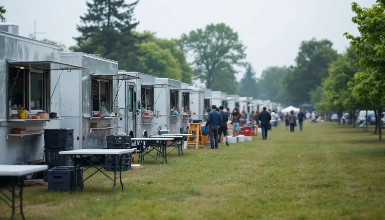Row of food trucks lined up on the grass at an outdoor event