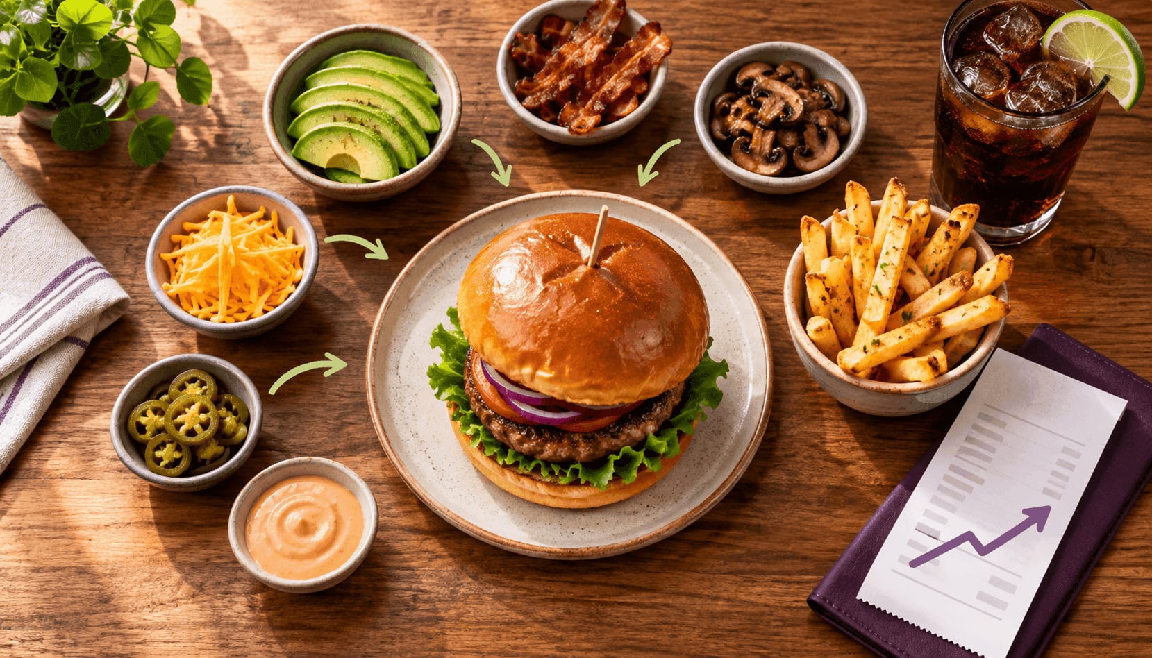 A burger surrounded by optional toppings and sides, illustrating restaurant upselling