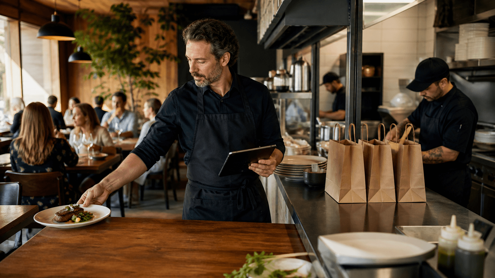 Restaurant manager coordinating dine-in service and takeout fulfillment from one kitchen