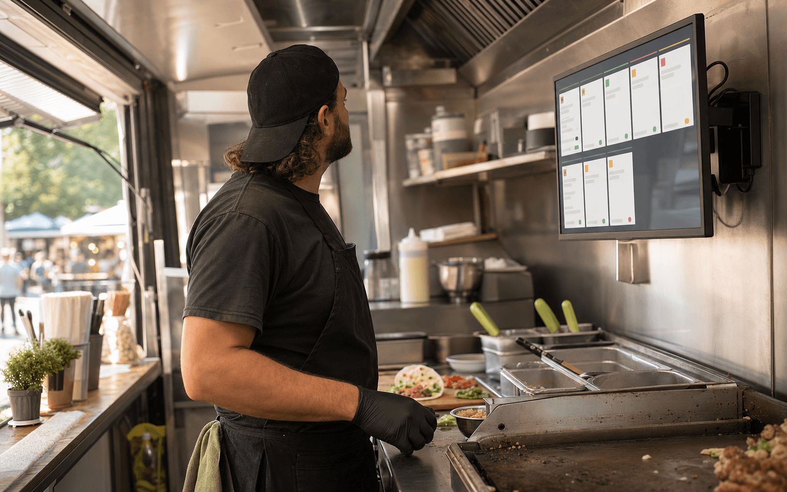 A cook inside a food truck checking orders on a wall-mounted kitchen display system