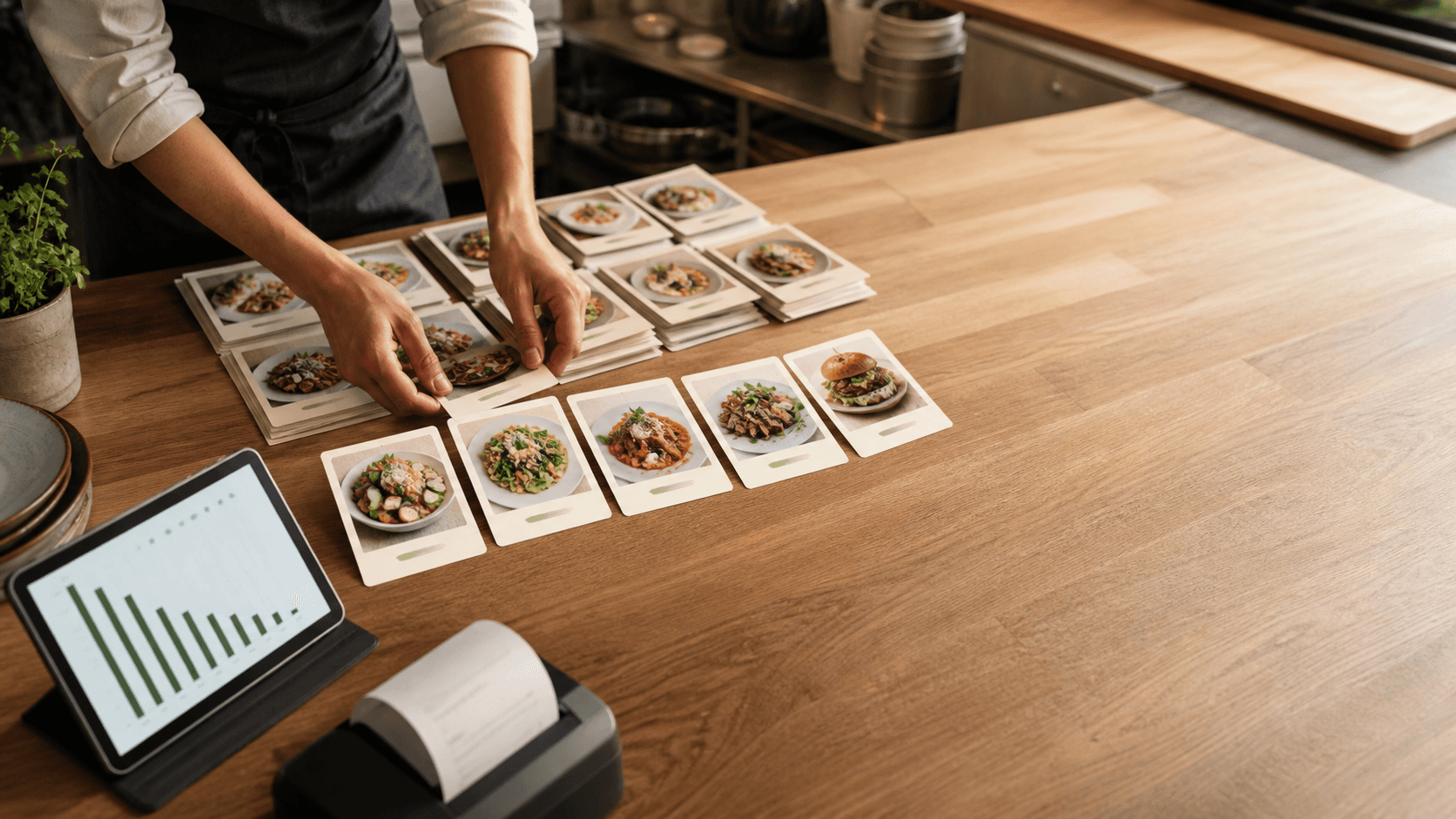 Restaurant owner sorting menu-item cards beside a tablet showing sales bars