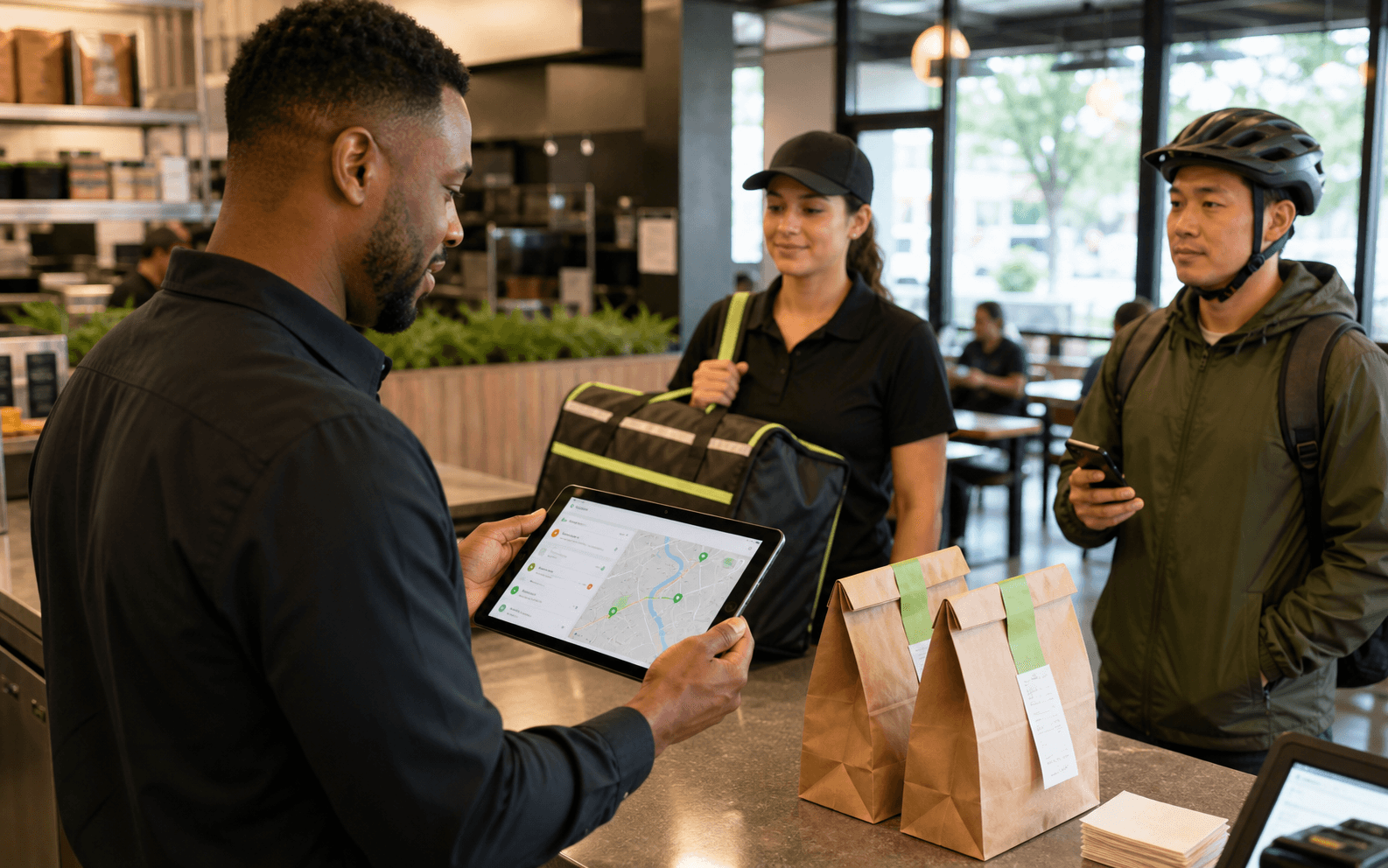 A restaurant manager routing delivery orders between an employee driver and an independent courier