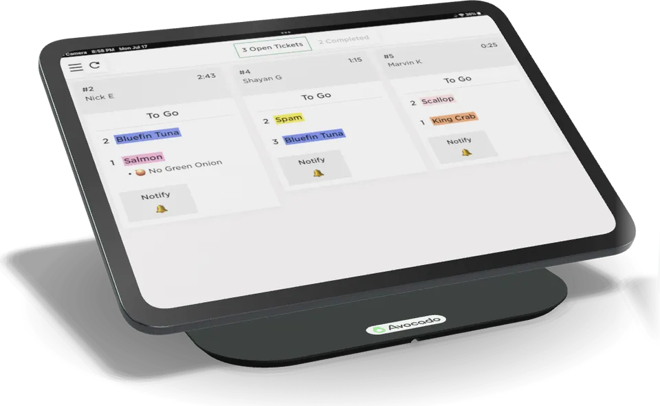 Avocado kitchen display showing open tickets on an iPad stand