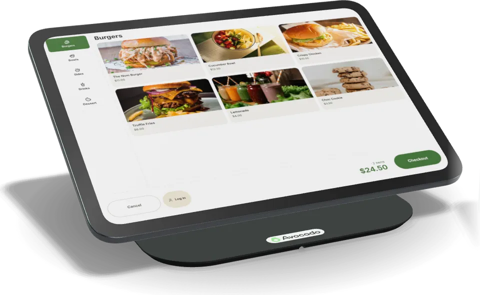 Avocado self-order kiosk menu on an iPad stand