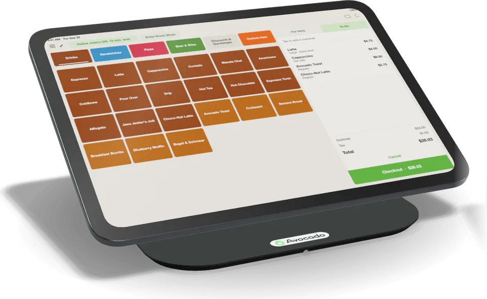 Avocado point of sale on an iPad swivel stand