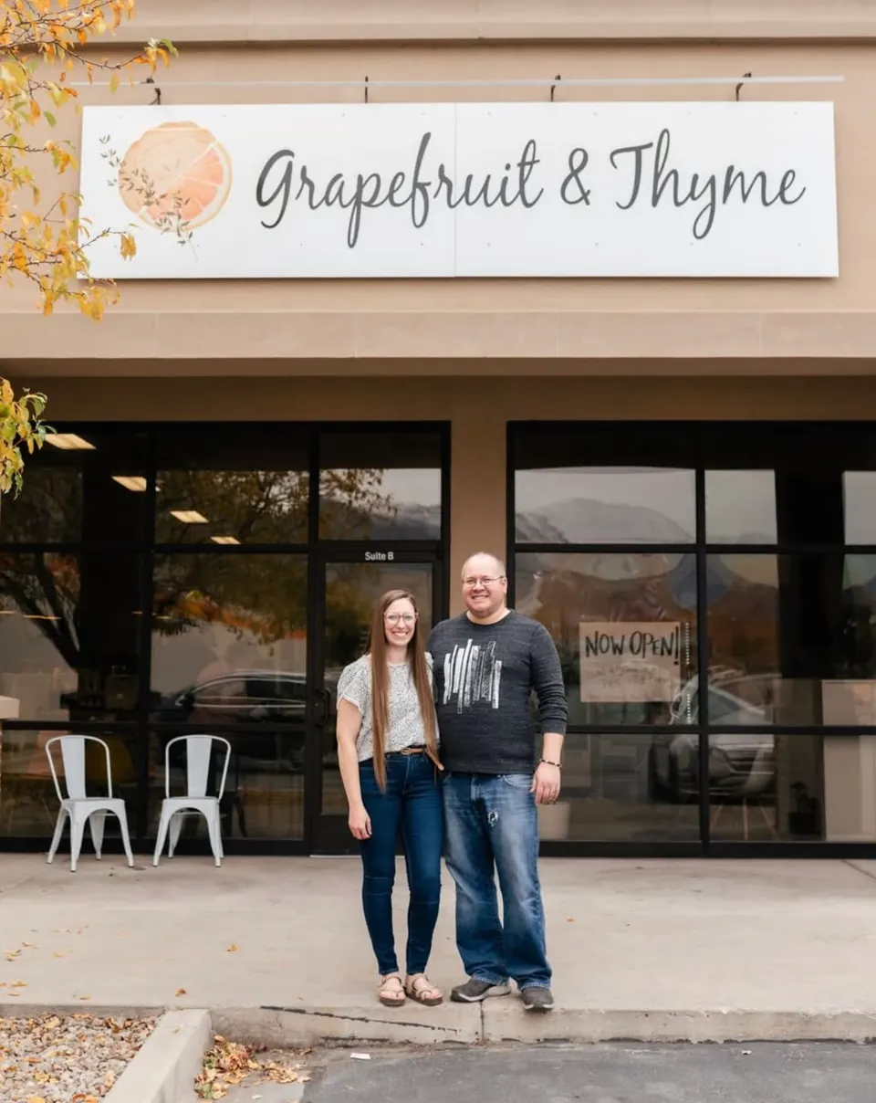 The Grapefruit & Thyme owners outside their shop in Pleasant Grove