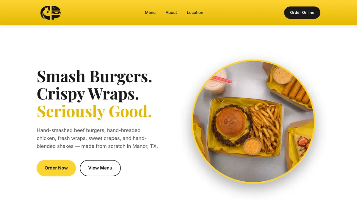 Cluck & Patty website on a laptop