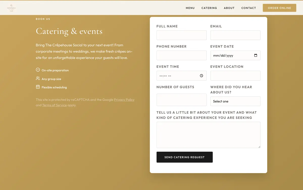 Catering requests form on the The Crêpehouse Social website