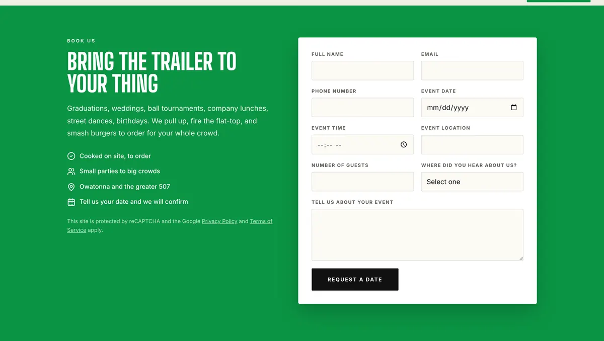 Event booking form on the The Farmer's Son website
