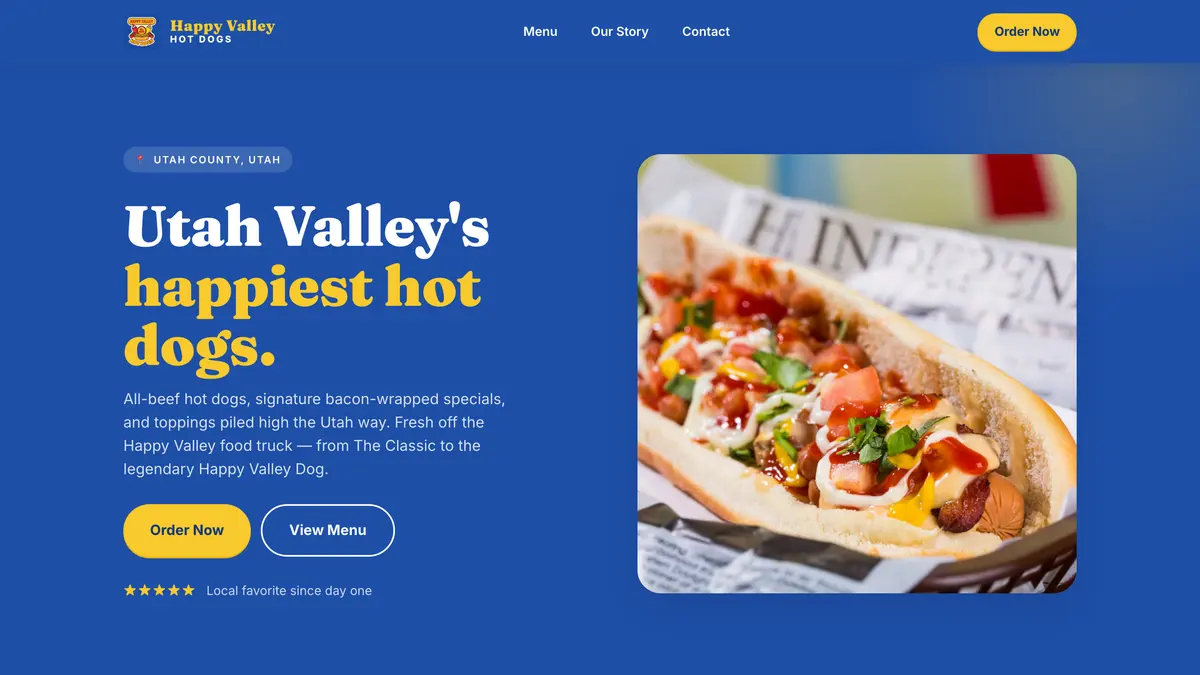 Happy Valley Hot Dogs website on a laptop