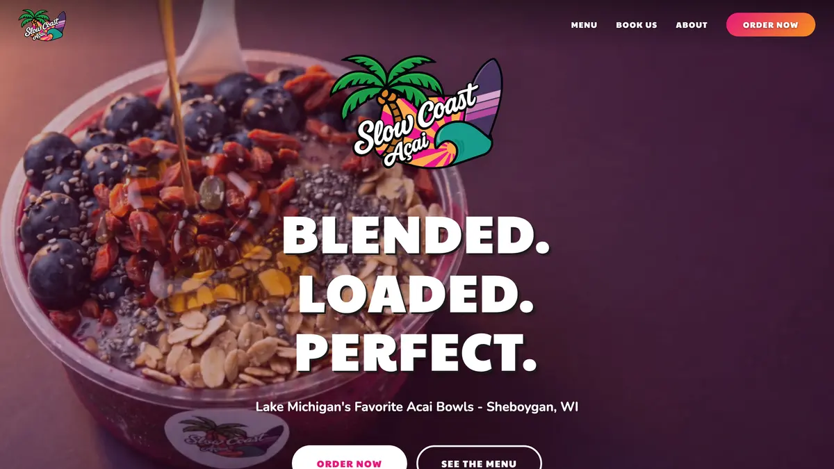 Slow Coast Açaí website on a laptop