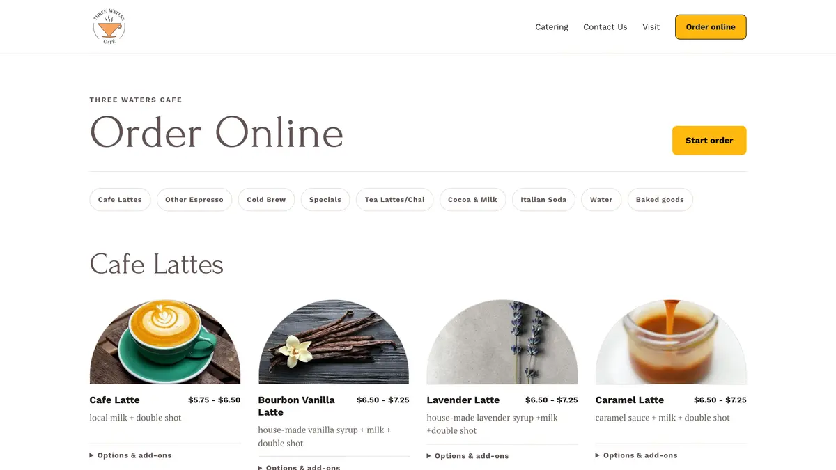Three Waters Café website on a laptop